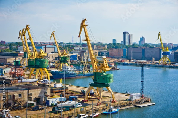 Fototapeta Cargo shipyard with gantry in Klaipeda, Lithuania