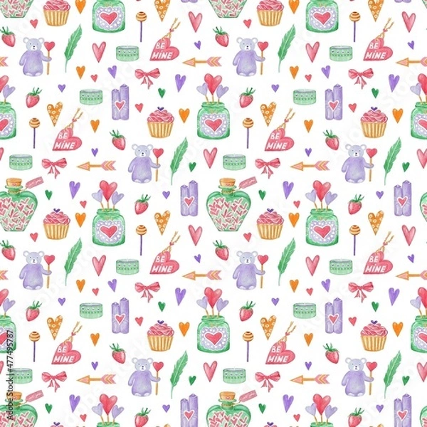 Obraz Watercolor seamless pattern for Valentine's Day. With hearts, sweets, candles, gifts and other cute elements.