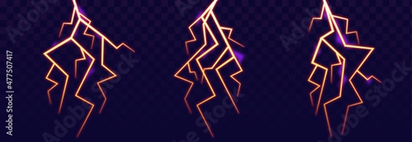 Fototapeta Realistic lightning vector set. Thunder bolt, storm lightning. Isolated bright light Thunder storms effects elements on background. Vector Illustration.