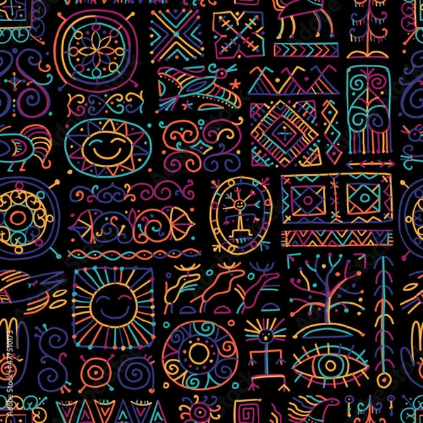 Fototapeta Ethnic handmade ornament, Folk Nordic Symbols. Seamless pattern for your design