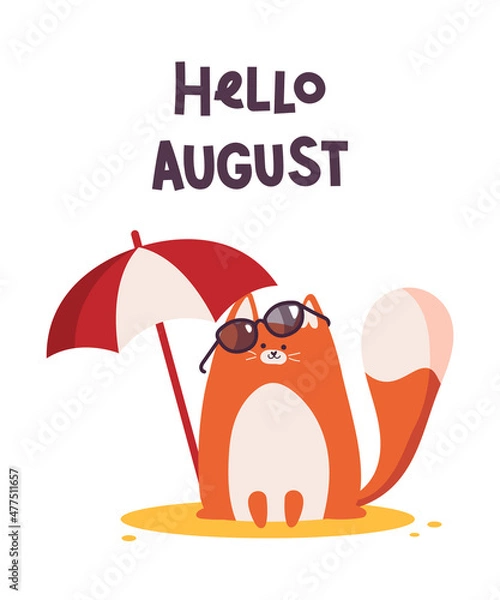Obraz Card hello august with a cat, isolated on white background