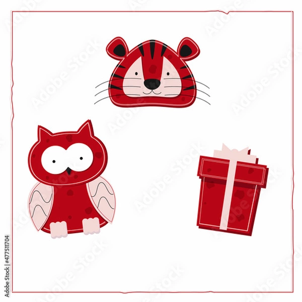 Fototapeta Christmas card with Christmas toys Christmas gift, owl, tiger. Red and white flat vector illustration isolated on white background.