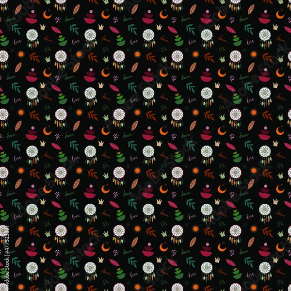 Obraz Dark boho vector pattern with dream catcher plant boho elements