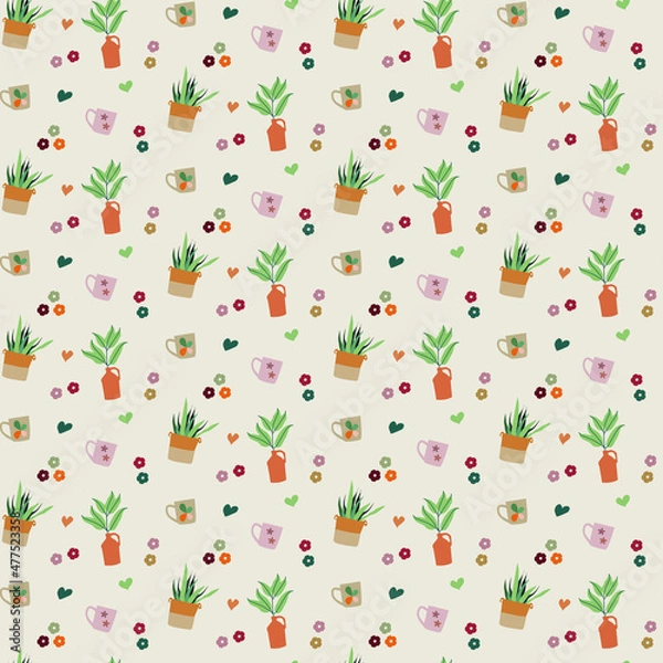 Fototapeta Boho vector pattern with plants leaves and abstract elements
