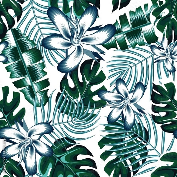 Fototapeta tropical foliage seamless background with banana palm leaves and abstract hibiscus flower plant on white background. nature wallpaper. blue monochromatic. spring. autumn. floral background. fall. art