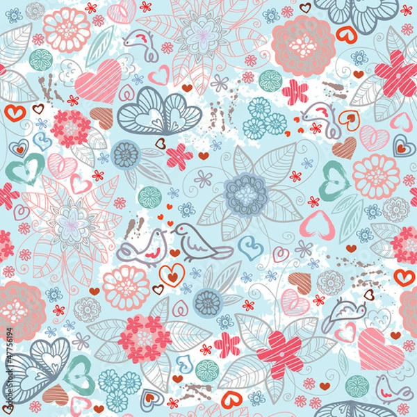 Fototapeta Valentines-day pattern with hearts and flowers