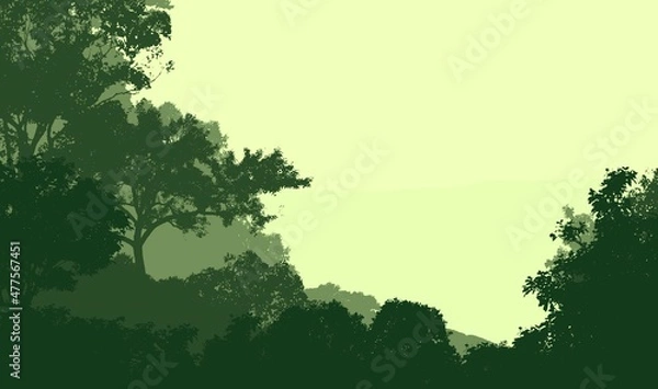 Fototapeta Trees in the fog. Deep forest haze. Hills covered by plants and foliage. Shrubs and bushes. Majestic view. Deep forest.