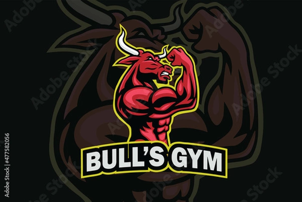 Obraz Bull Gym Logo Character Design Bodybuilder Posing Muscular Body Vector Sports Mascot