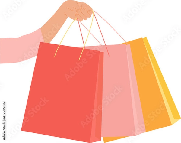 Fototapeta Woman's hand holding three paper shopping bags. White background. Vector illustration. Flat style