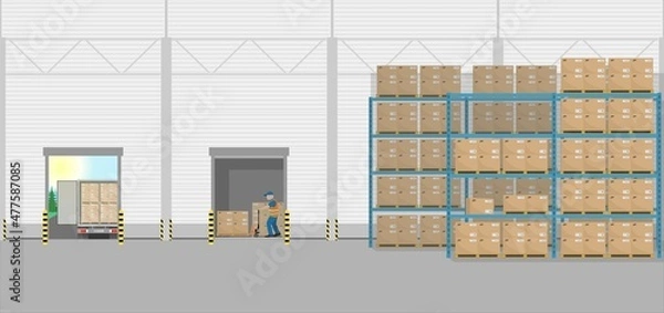 Obraz Warehouse or industrial building. Inside view, interior. Work of a warehouse for unloading vehicles. Vector illustration.