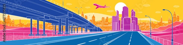 Obraz Colorful Infrastructure illustration. Large highway in city. Modern town at color background, tower and skyscrapers, business building. Plane is flying. Vector design art