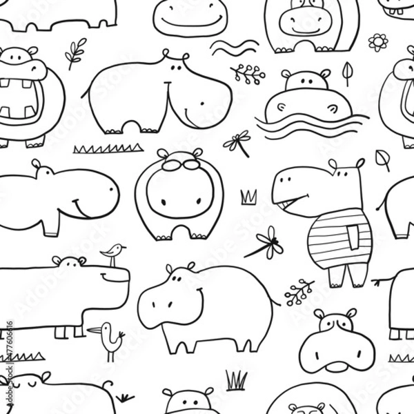 Fototapeta Hippopotamus family, cute hippo characters. Seamless Pattern Background for your design