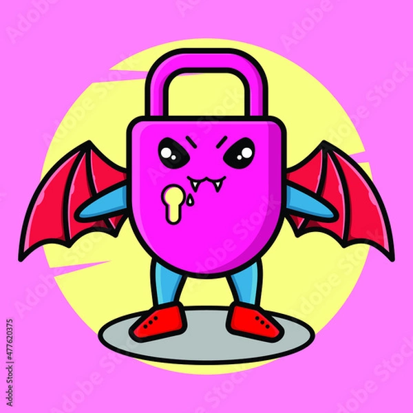 Obraz Cute mascot cartoon Lock character as dracula with wings in cute modern style for t-shirt, sticker, logo element, poster