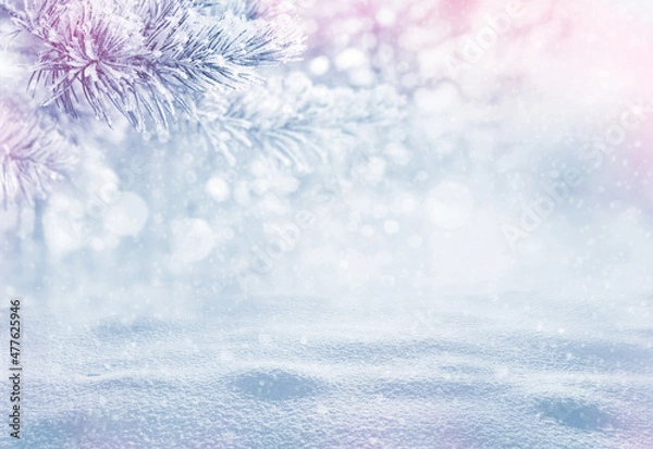 Obraz Winter holiday background. Christmas landscape with snowdrifts and pine branches in the frost. Background for design and cards.