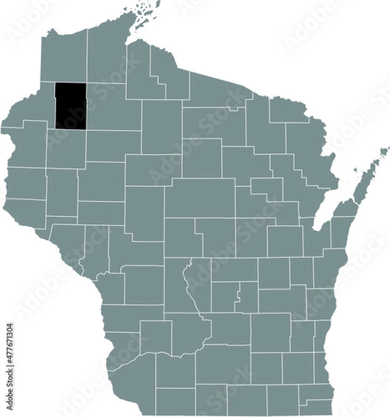 Fototapeta Black highlighted location map of the Washburn County inside gray administrative map of the Federal State of Wisconsin, USA