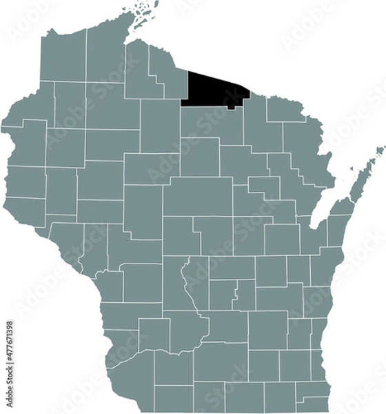 Fototapeta Black highlighted location map of the Vilas County inside gray administrative map of the Federal State of Wisconsin, USA