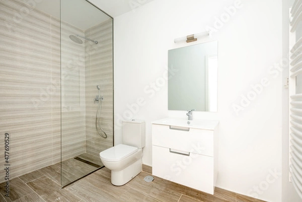 Fototapeta Toilet with glass screen in the shower and hanging cabinet for the sinks
