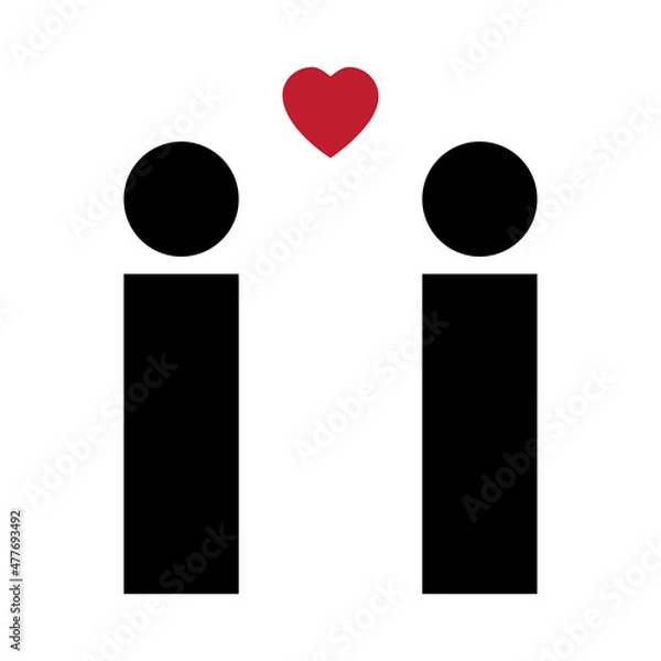 Fototapeta Schematic person silhouette. Rectangular black figures. Red heart. Romantic background. Vector illustration. Stock image.