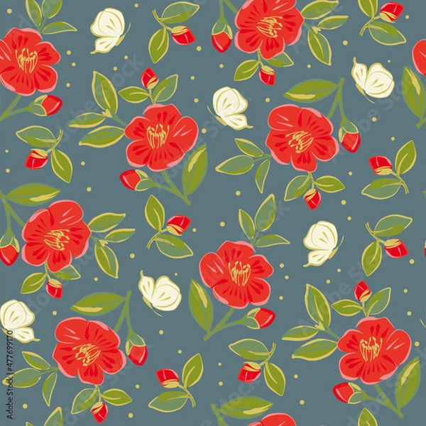 Fototapeta Red camellia flowers and butterfly seamless pattern