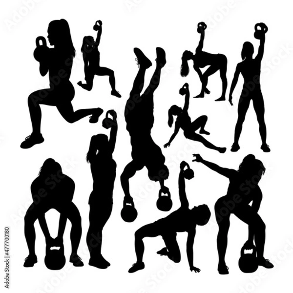 Fototapeta Athlete exercising with kettlebell silhouettes. Good use for symbol, logo, mascot, icon, sign, or any design you want.