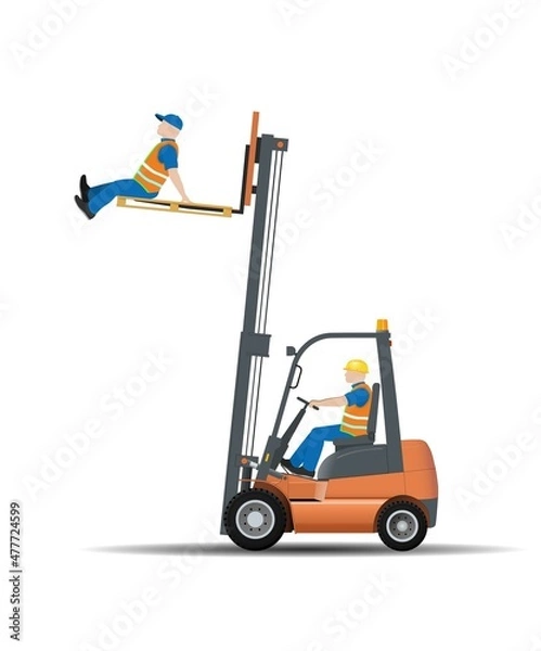 Obraz Dangers of working with a forklift truck. Lifting a person on a pallet is prohibited. Vector illustration.