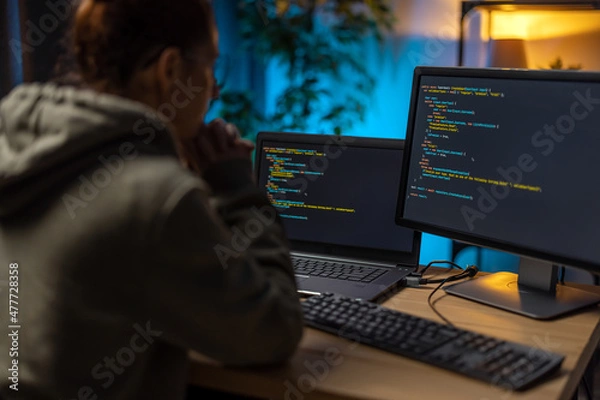 Fototapeta Back view of female IT-specialists working on two modern computers during evening time at home. Caucasian woman sitting at desk with data code on monitors.