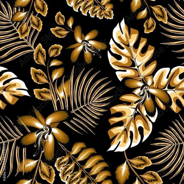 Fototapeta Beautiful seamless floral pattern with watercolor summer hibiscus flowers plants and monstera palm leaves on night background. Floral background. Exotic tropics. Summer design. fashionable texture