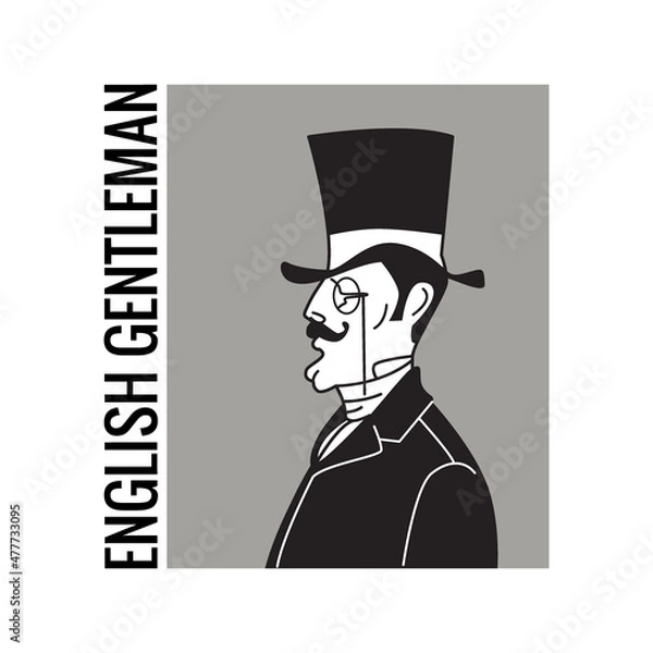 Fototapeta An English gentleman. Silhouette of an Englishman in a top hat with a monocle.Logo, icon, icon, design element.