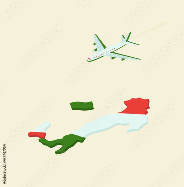 Fototapeta map of Italy with a flag, Plane flying over Italy, vector illustration