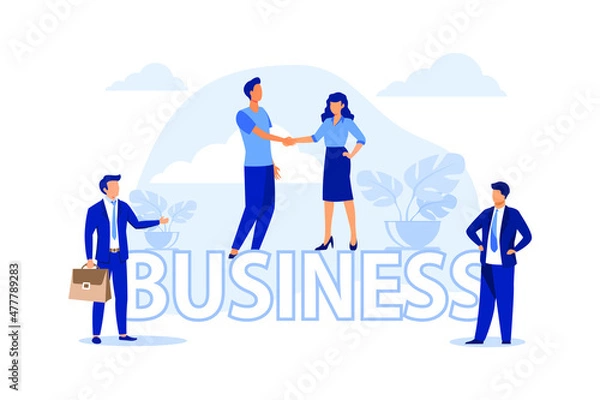 Fototapeta Co working space office interior with creative working people in public place workplace. Start up business. Young freelancers people working together. flat vector design illustration        