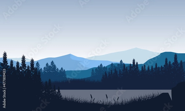 Obraz Realistic view of mountains at dusk in the countryside with silhouettes of pine trees all around