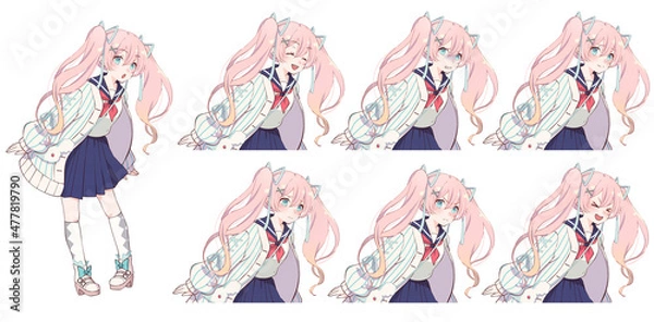 Fototapeta ツインテール女子高生立ち絵と上半身表情差分
