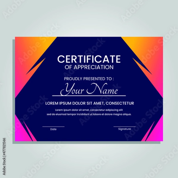 Fototapeta Creative certificate of appreciation best award template with colorful geometric shapes composition, Use for print, certificate, diploma, graduation Eps10 vector template