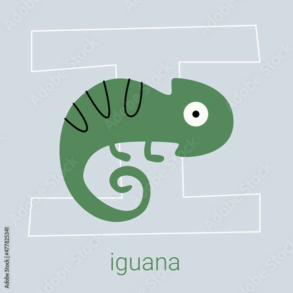 Fototapeta Vector flat illustration for children's alphabet. The letter " I " and an iguana in the foreground.