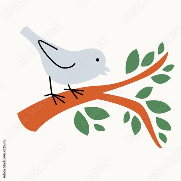 Fototapeta Illustration of a bird on a branch on an isolated background. Dusty pastel colors. Modern flat style