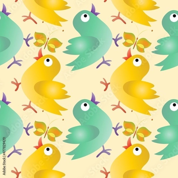 Fototapeta Seamless background with chickens...Cartoon illustration as texture with birds...Happy Easter.