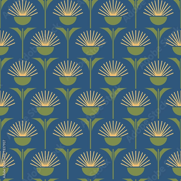 Fototapeta Seamless vector pattern with geometrical dandelions on blue background. Simple modern floral wallpaper design. Decorative fluffy flower fashion textile.