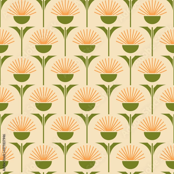 Fototapeta Seamless vector pattern with retro dandelions on light yellow background. Simple vintage floral wallpaper design. Decorative nostalgic flower fashion textile.