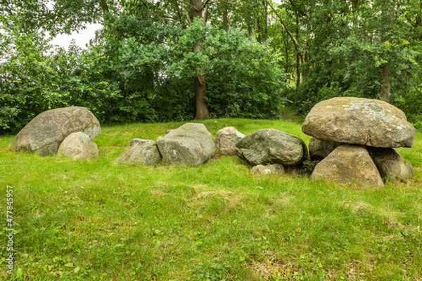 Fototapeta Dolmen D32 a construction work from the new stone age in the Dutch province of Drenthe made of boulders brought in from Scandinavia with glaciers in the ice age