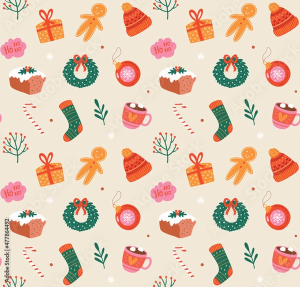 Fototapeta Christmas seamless pattern with holiday elements.