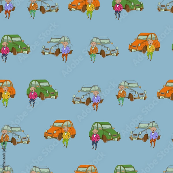Fototapeta クラッシクカーと犬のシームレスなパターン。テキスタイル、壁紙、包装紙のデザイン。