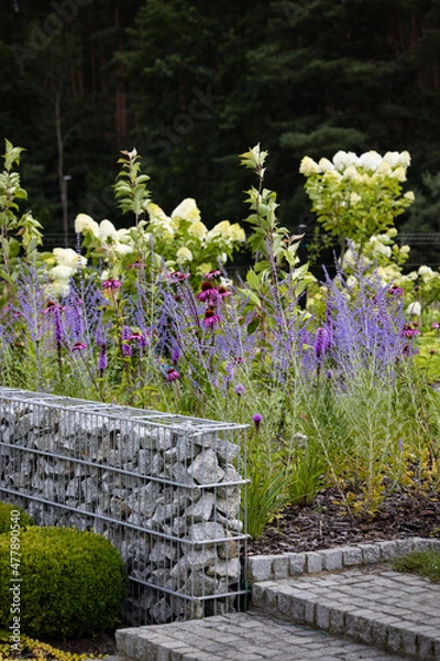 Obraz Modern gabion wall and natural stone stairs in a summer, quiet, full of flowers garden, on a beautiful, restful, sunny day.