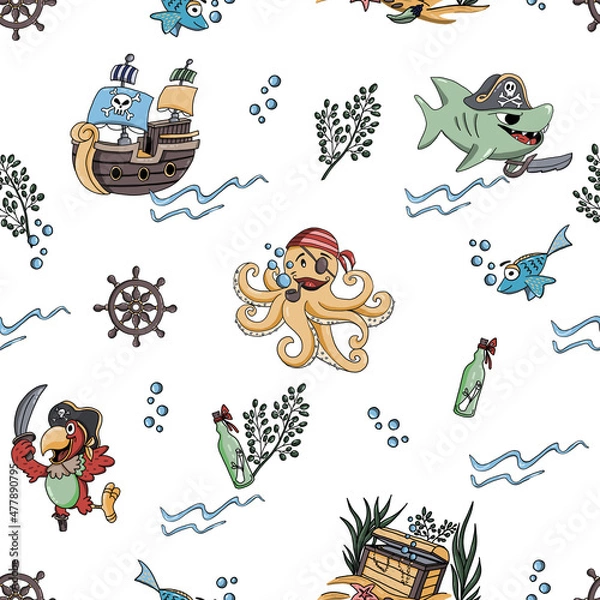 Fototapeta Seamless pattern fabric for kids - cute pirate. Texture background. Bezszwowy dziecinny wzór piracki