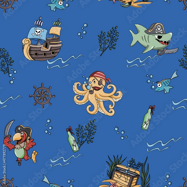 Fototapeta Seamless pattern fabric for kids - cute pirate blue. Texture background. Bezszwowy dziecinny wzór piracki niebieski. 