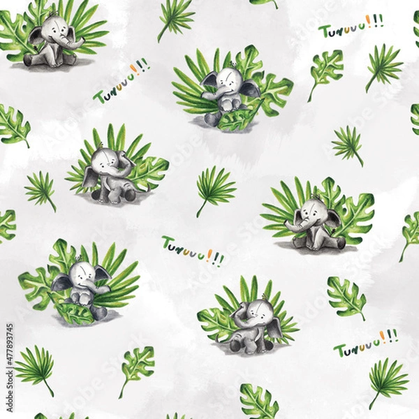 Fototapeta Seamless pattern fabric for kids - cute elephant. Texture background. Bezszwowy dziecinny wzór słonie