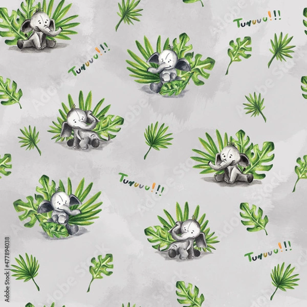 Fototapeta Seamless pattern fabric for kids - cute elephant. Texture background. Bezszwowy dziecinny wzór słonie