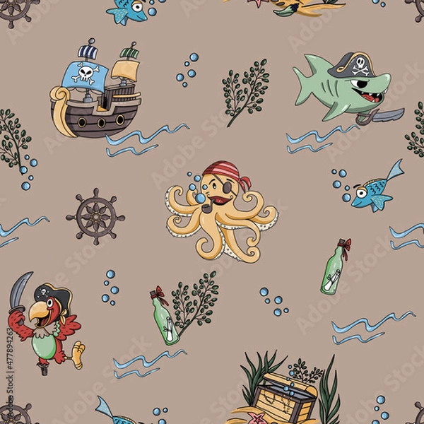 Fototapeta Seamless pattern fabric for kids - cute pirate. Texture background. Bezszwowy dziecinny wzór piracki