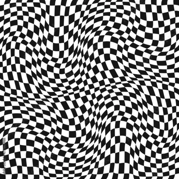 Fototapeta Chess canvas or racing flag curly and seamless texture. Vector checkers. Wavy texture squares pattern.