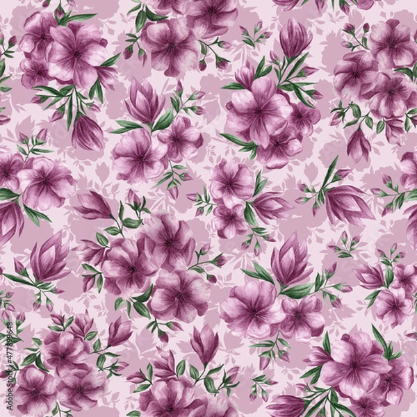 Fototapeta seamless pattern fabric background pink flower watercolor bezszwowy wzór kwiatowy