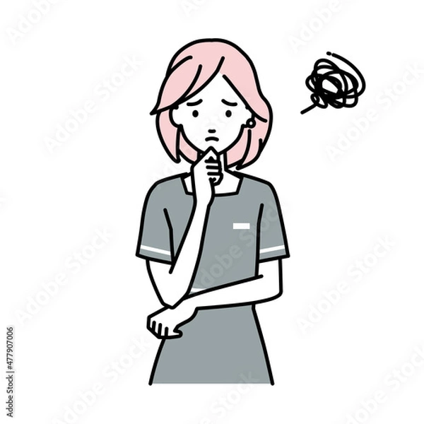 Fototapeta 立って手をあごにあてて困っているエステ店員の女性